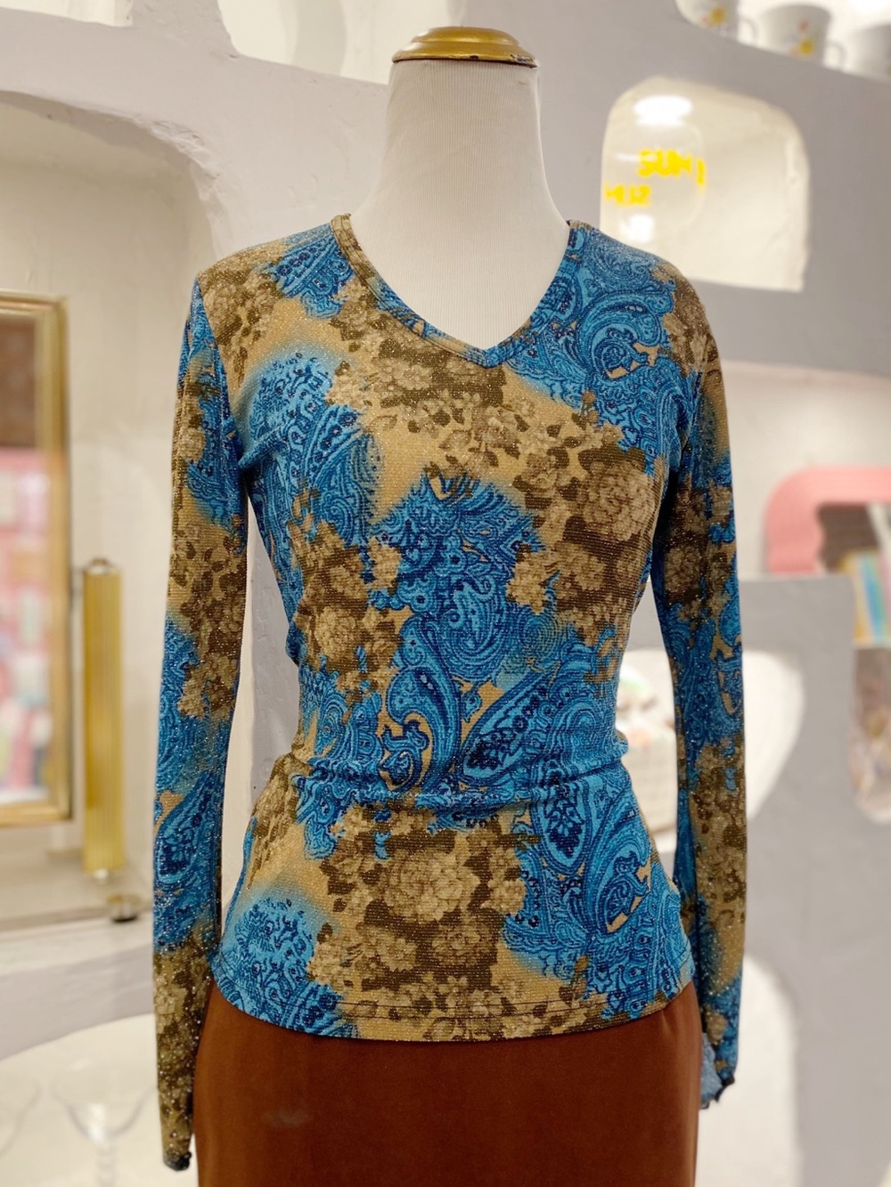 Y2K Whimsigoth Fairy Core Women’s V-Neck Glitter Paisley Floral Long Sleeve Top